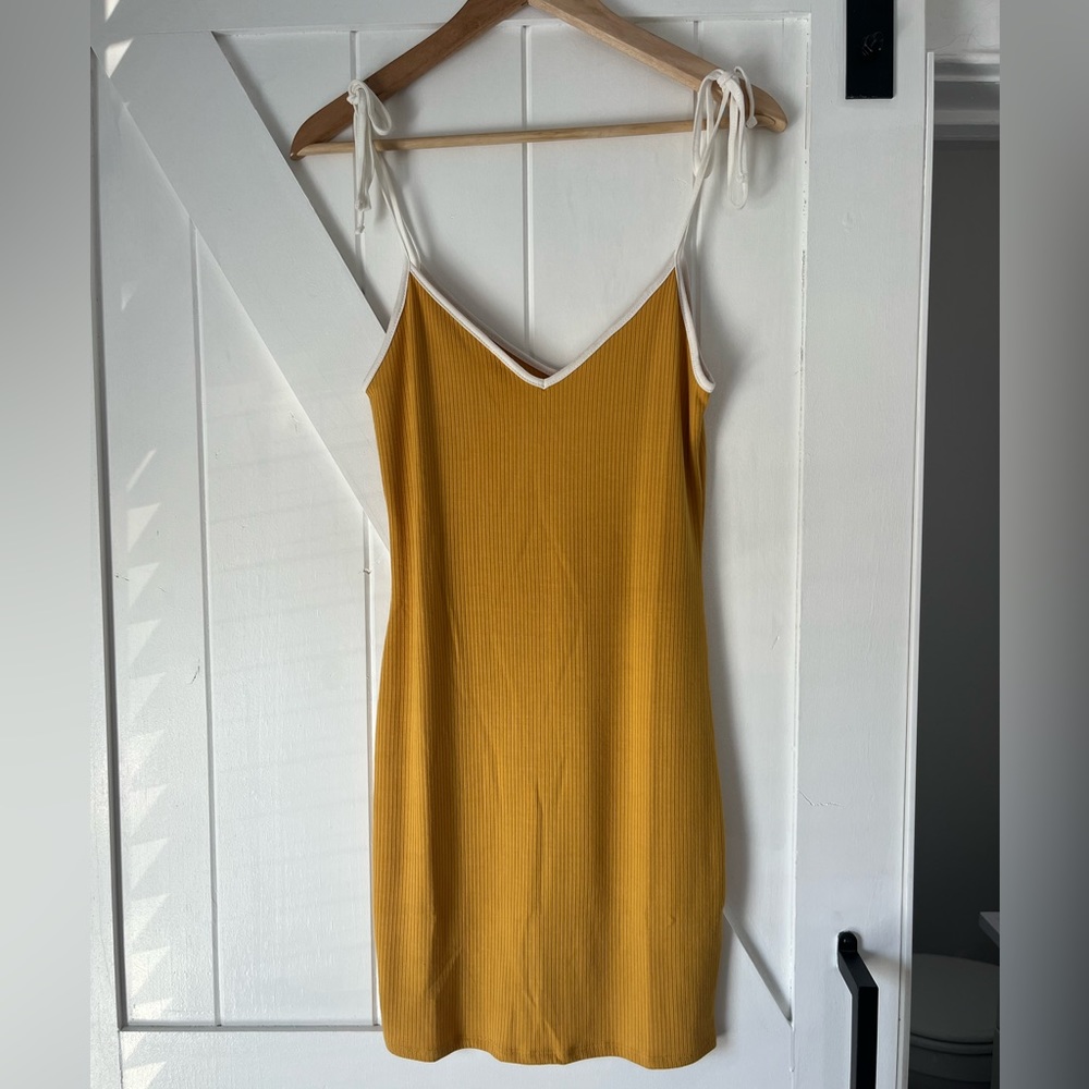 Yellow Ribbed Mini Dress with Tie Shoulders- Small